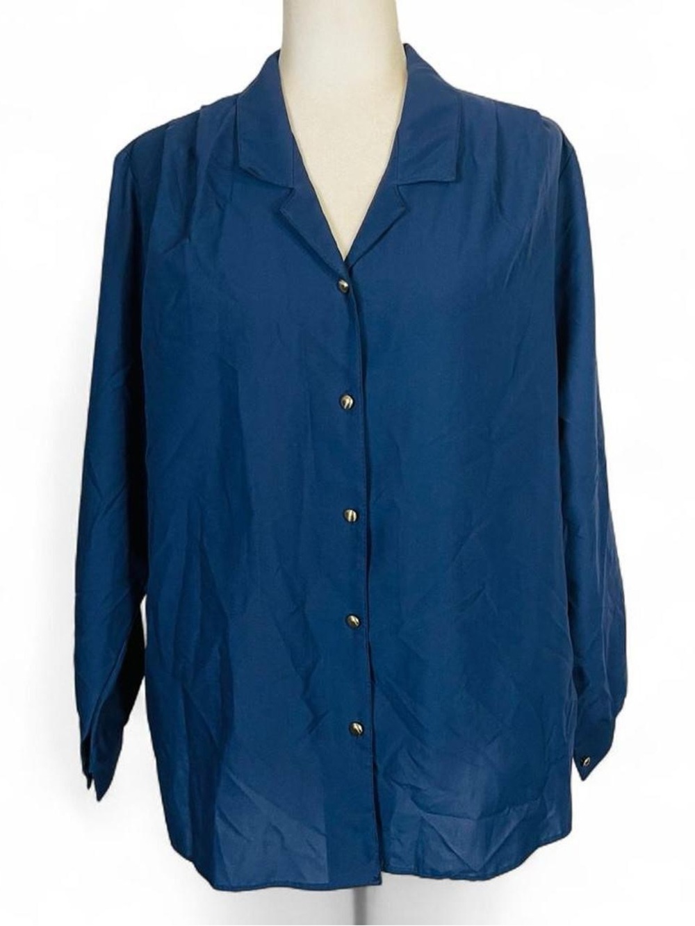 Vintage 70s 80s Joanna Size XL Button Down Navy Shirt Top Long Sleeve Collared